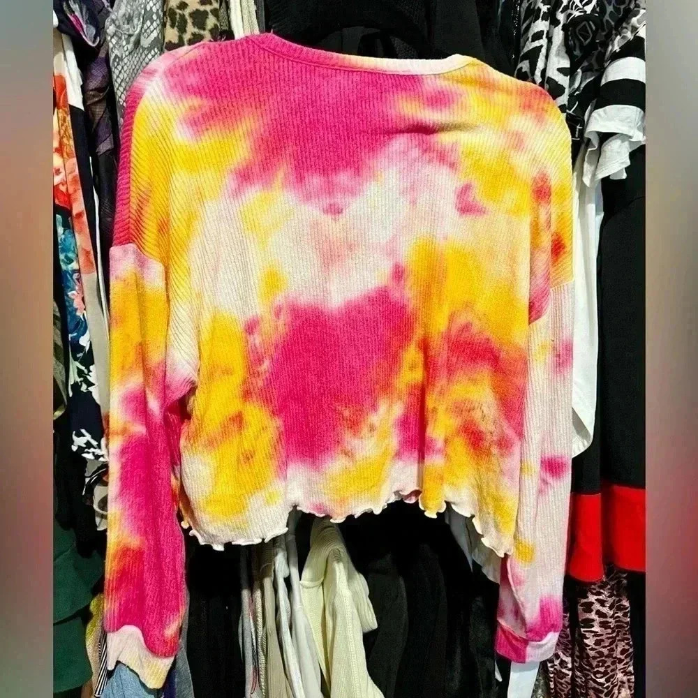 BB Dakota Thermal Henley Tie Dye Long Sleeve Crop Top - Picture 2 of 5